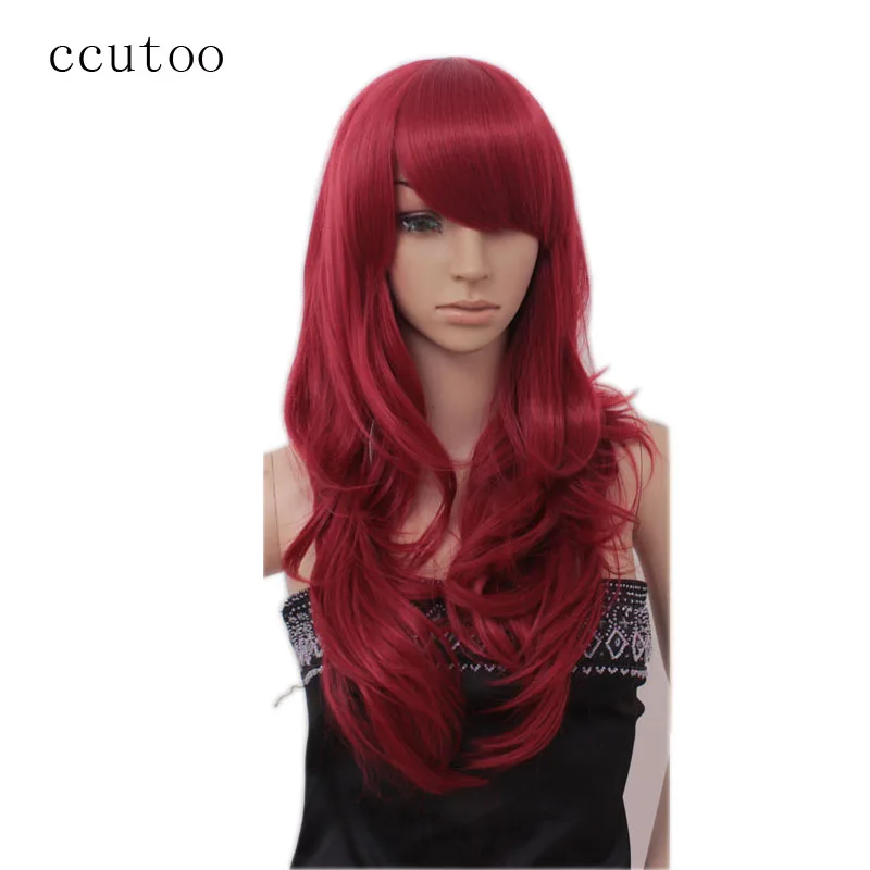 Ccutoo 65 cm/25,5 pulgadas rojo largo rizado fibra sintética de alta temperatura pelo completo fiesta Cosplay pelucas de disfraz Peluca 12 colores