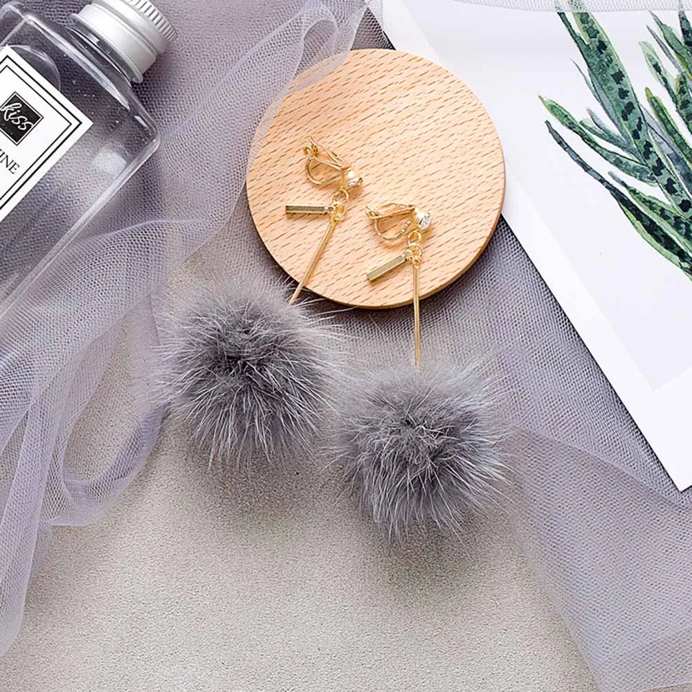 GRACRE JUN Rabbit Fur Ball PomPom Long wedding clip on earrings for Women Unique Soft  Ear Earring Jewelry Cute Christmas Gift