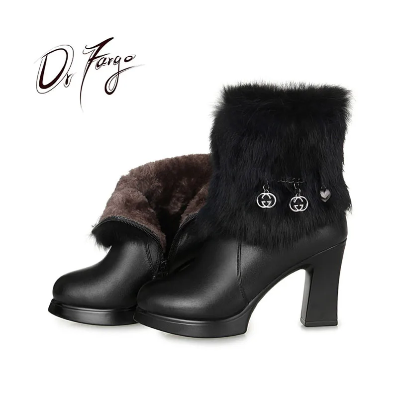 

DRFARGO 2018 Genuine Leather Rabbit Fur top Ankle Boots Zipper Boots 8.5 cm Square High Heel Winter Shoes Women size34-40 XSD729