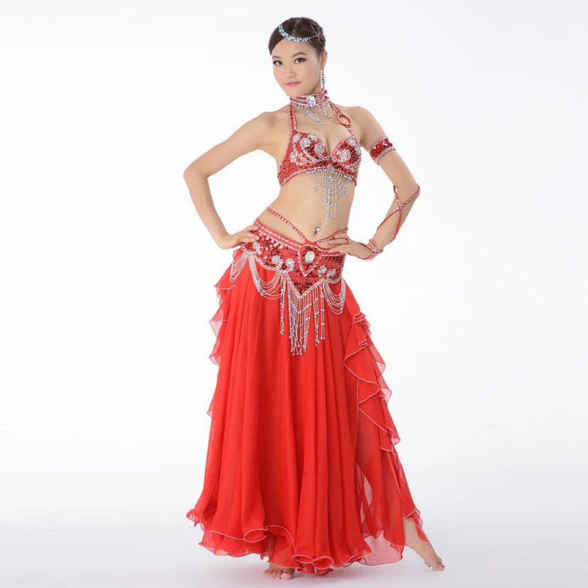 12 Colors Stage Performance Oriental Belly Dancing Clothes 3-piece Suit Bead Bra, Belt & Skirt Belly Dance Costume Set