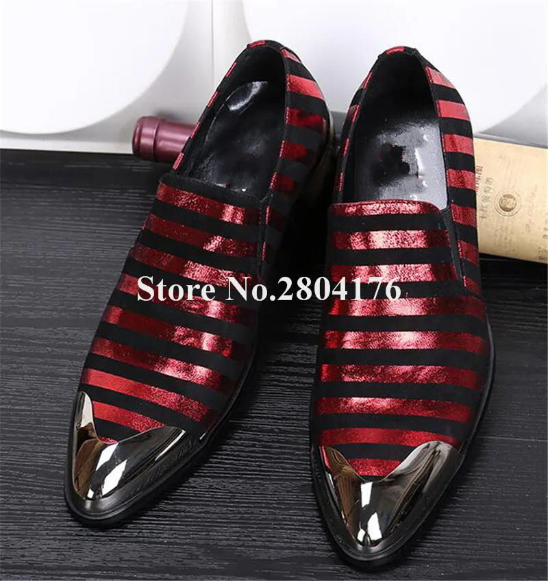 Korean Style Men Metal Pointed Toe Red Gold Striped Leather Shoes Slip-on Flat Leisure Shoes Club Shoes Bridegroom Shoes