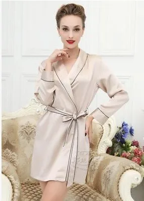 

100% mulberry silk pajamas heavy silk women robe plain household to take beige large size M - XXXL