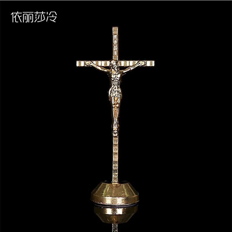 Fashion Golden Jesus Christian Catholic Cross Holy Cross Decoration Jesus Statue of Cross with Base Figurine Image.22x5.5CM