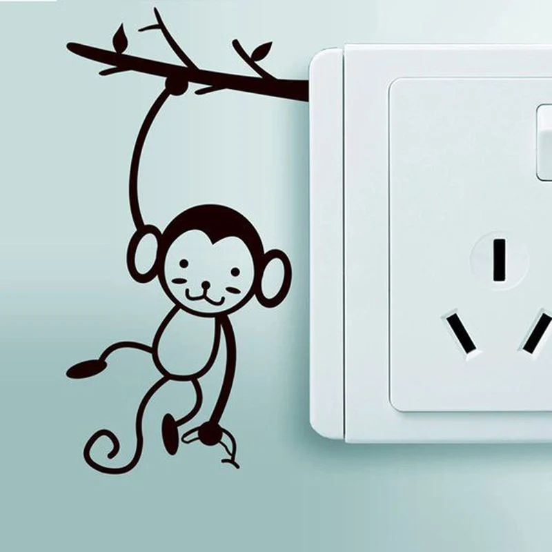 

Black Cute Monkey Hanging Tree Branch Switch Sticker For Home Decor Vinyl Living Room Background Decals Cartoon Wall Stickers