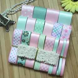 24 Yards/Set---DIY Hair Bow Material Pink/Light Green Color Mix Beauty Ribbon Set