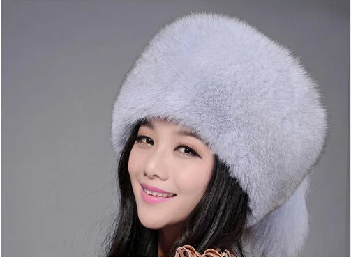 

Fur hat for women natural from fox, fox fur Russian Winter hats thick warm ears fashion ear-cap black New arrival