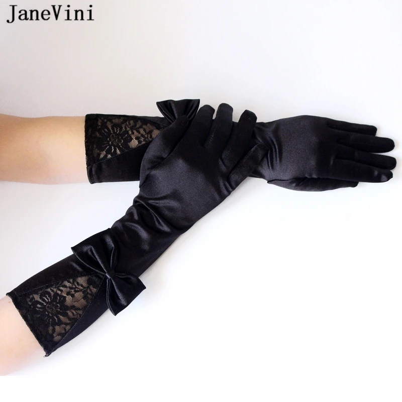 

JaneVini 2018 Elegant Black Satin Butterfly Long Bridal Gloves Opera Length Winter Wedding Gloves Full Finger Guantes De Novia