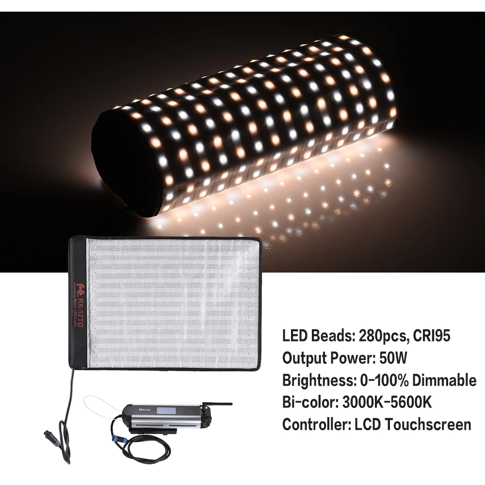 FalconEyes LED Flexible Panel RX-12TD Video light Dimmable 3000K - 5600K CRI95 280pcs Rollable Cloth Light with LCD Touch Screen