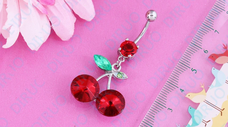 1PC Sale 316L Surgical Steel Red Double Cherry Dangle Navel Belly Ring nickel-free body piercing jewelry