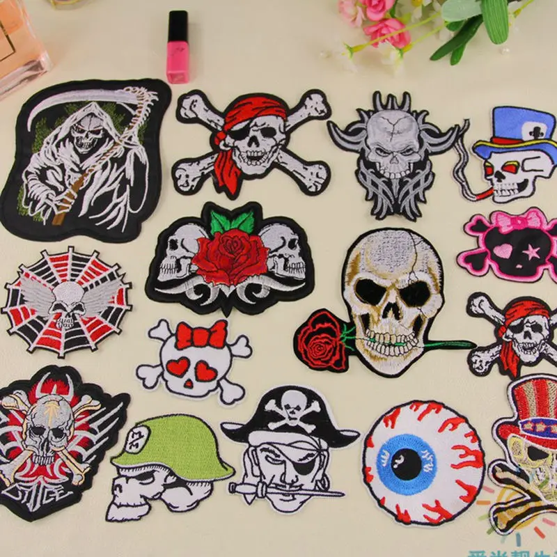 Parche de tela bordado de calavera de dibujos animados para niñas y niños, planchado en cosido, esqueleto