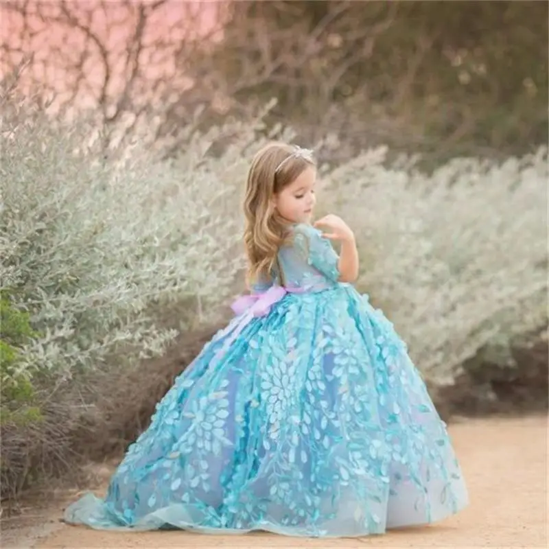 2019 Schattige Bloem Meisje Jurken Kids Baljurk Tiered Rokken Half Sleeve Lace Applique Meisjes Communie Jurk