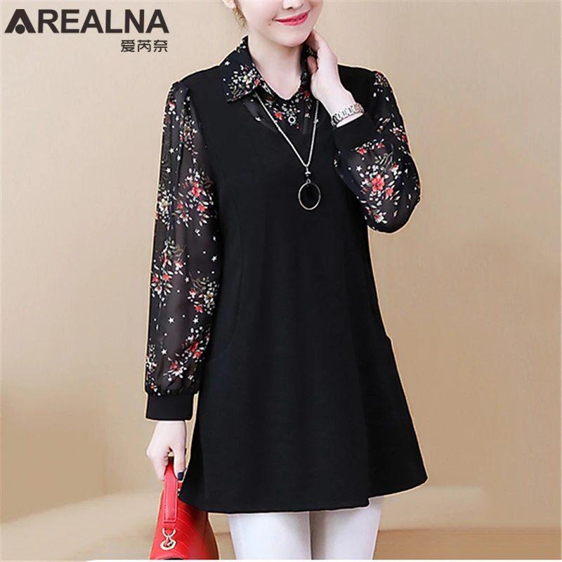 

Oversized Women's fake collar shirt Kimono Floral Chiffon Patchwork Women blouses and shirts Streetwear Long Sleeve Tops blusas