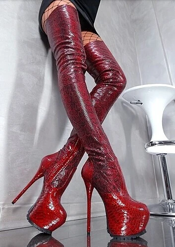 

Women Python Gladiator Knee High Boots Red Wine Platform Zipper Over knee Booty HIgh Heel Slim Sexy Thigh Boots Plus Size 10