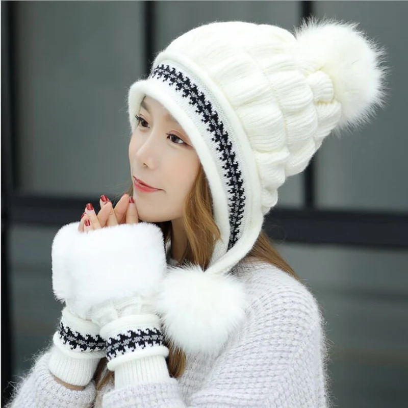 

Fashion Women's Winter Hats Fur Hats Knitting Fox Fur Hat Pom Poms Ball Beanie Caps Thick Skullies Female Cap Gorros with Gloves