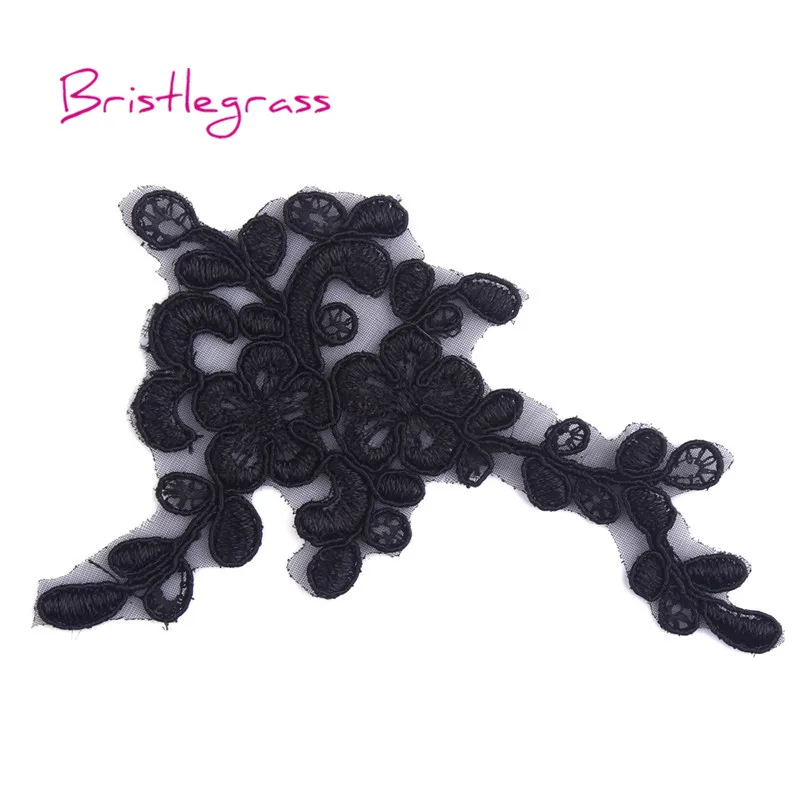 BRISTLEGRASS 5 PCS Black Embroidered Flower Applique Patches Tulle Mesh Lace Trims Bridal Wedding Dress Costume DIY Sewing Carft