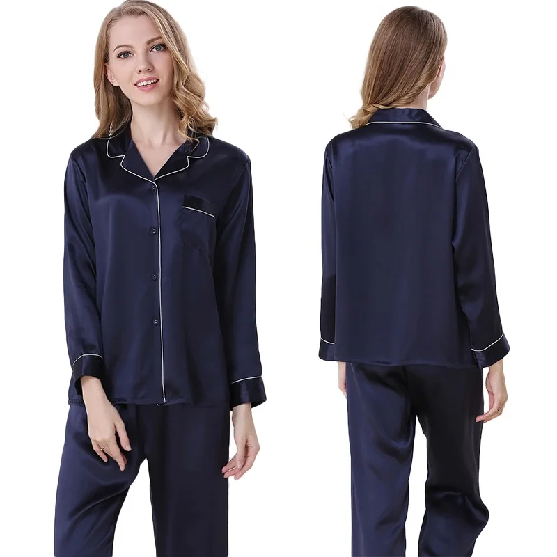 Classic Silk Satin Women Pajama Sets Notch Collar Long Sleeves Top with Full-Length Pant Pajamas Pyjama sp0062