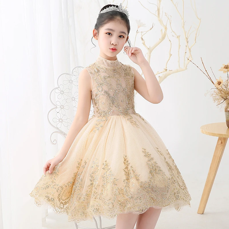 

New Gold Lace Girl First Communion Dress Sequin Tulle Party Ball Gown Flower Girl Dress For Wedding Kids Summer Baptism Vestido