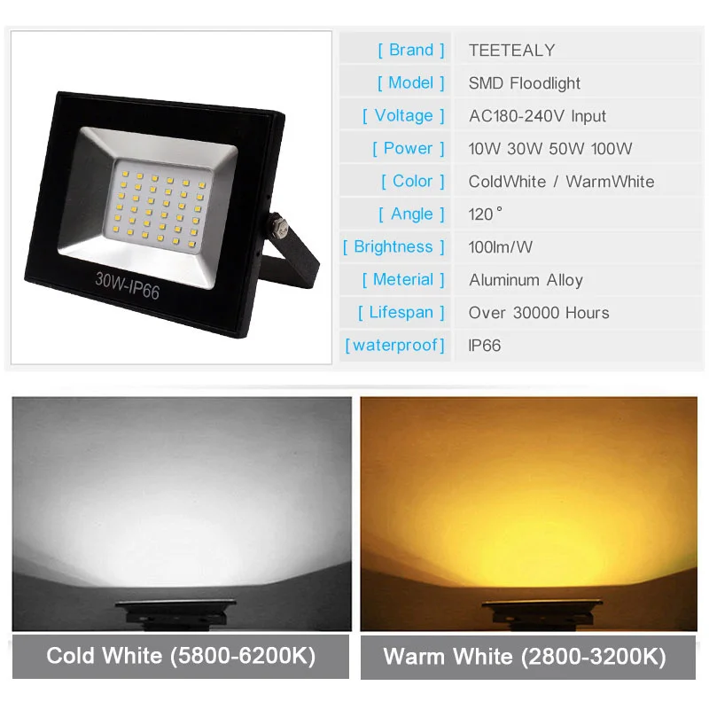 220V LED FloodLight 10W 30W 50W 100W Reflector LED Flood Light Waterproof IP66 Spotlight Wall Outdoor Lighting Warm Cold White