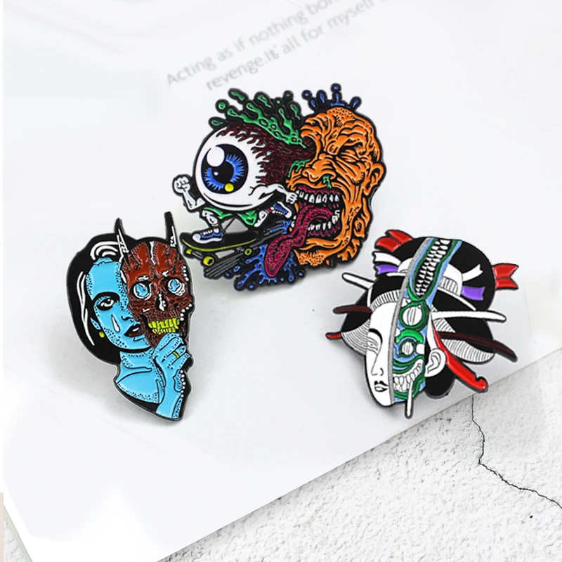 Horror Sad Blue Alien Devil Mask Brooch Japanese Geisha Corpse Monsters Eyeball eye Skating Long tongue Man Gothic Enamel pins