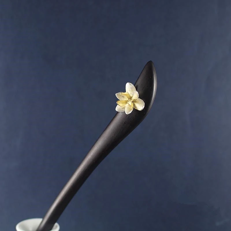 Flower Silver Ebony Wood Hairstick Vintage Chinese Hairpin Women Hair Fork Hair Pin 18cm