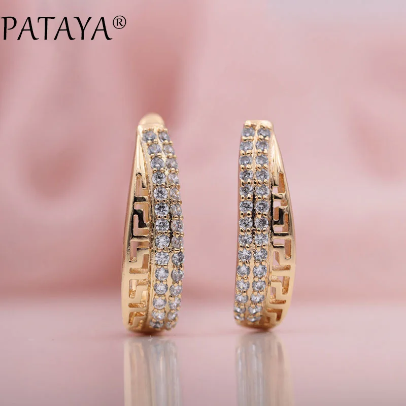 PATAYA New 585 Rose Gold Color Micro-wax Inlay Natural Zircon Big Long Dangle Earrings Women Hollow Wedding Luxury Fine Jewelry