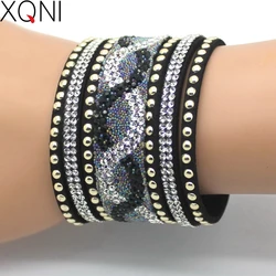 XQNI Brand Top Crystal Leather Bracelets & Bangles Personality Printed Pave Setting Rhinestone Charm  Bracelet For Women