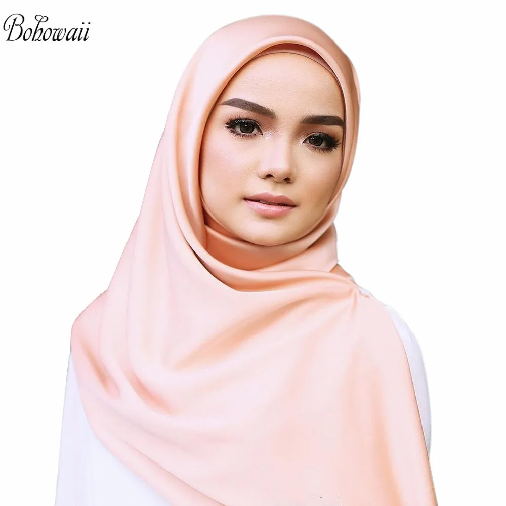 BOHOWAII Women\'s Head Scarf 90*90cm Solid Color Soft Hijab Femme Musulman Muslim Multifunctional Headwear Satin Headwraps