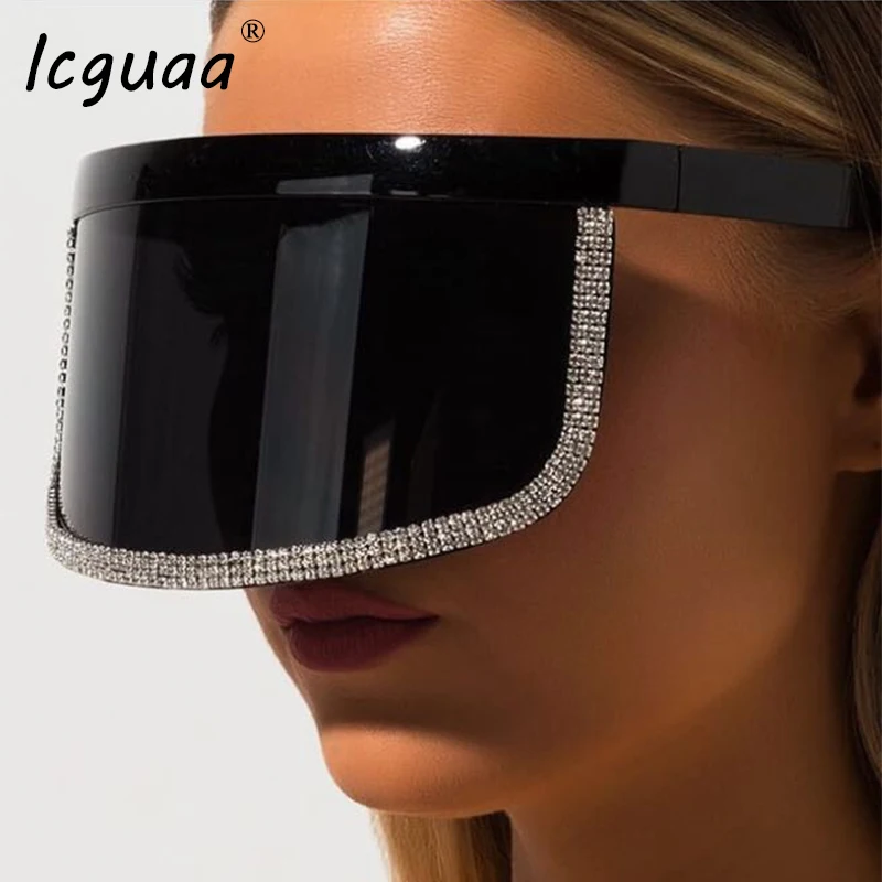 Trendy Diamond Oversized Shield Visor Sunglasses Women Flat Top Mask Mirrored Shades Men Windproof Eyewear Gafas De Sol