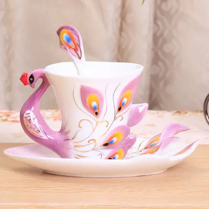 VIP LINK Peacock Enamel Porcelain Coffee Set Ceramic Tea Milk Cups and Saucers With Spoons Creative China Bone Drinkware Gift