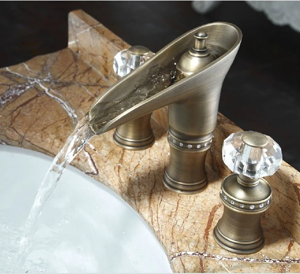 ROMAN SINK FAUCET BATHROOM MIXER TAP Widespread Basin Lav sink Faucet Waterfall Antique Mixer Tap crystal handles New