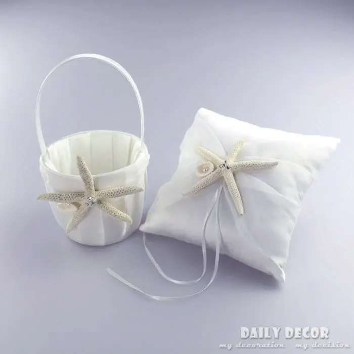 A set of marine wedding party accessories ( starfish ring pillow + flower basket + Signature pen + guest book ) free shipping