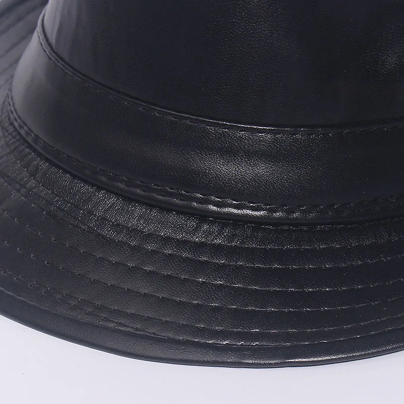 PU Leather Fedora Hats Vintage Jazz Cap Cowboy Gentleman Bowler Short Brim Floppy Trilby Panama Hat Hip Hop Black Cap Men Women