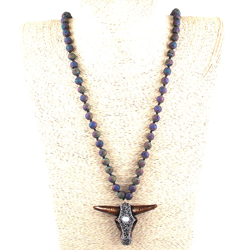 Fashion Bohemian Tribal Jewelry Multi Lava Stones Long Knotted Handmade Paved Bull Head Pendant Necklace For Women