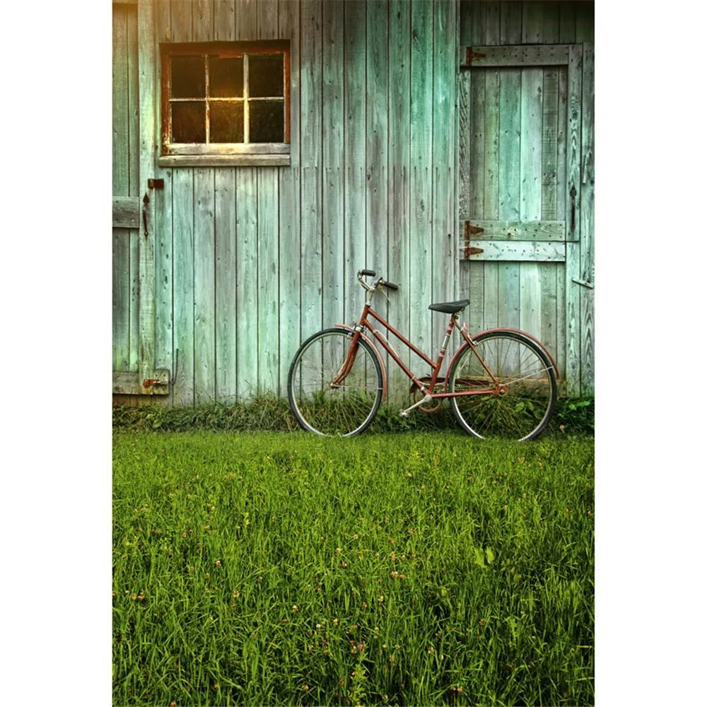 

Digital Painted Blue Chalet Wooden Door Photography Backdrops Bicycle Baby Kids Photo Portrait Backgrounds Green Grass Floor