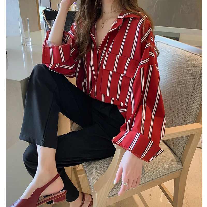 New Korean Striped Shirts Summer Spring Loose Casual Turn Down Long Sleeve Blouse with Pocket Women Fashion Top Shirts H9009