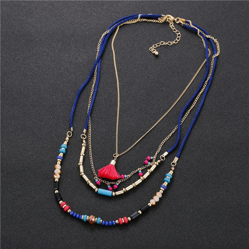 Bohemian Multi Color Layers Necklaces Colorful Beads Tassel Maxi Long Ethnic Chain Jewelry Statement Necklace For Women Collar