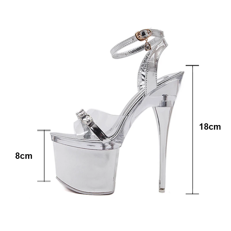 Super High Heels Platform Shoes Women Silver Color Ankle Strap Sandals Plus Size 34- 43 Woman Artificial Diamonds Sandals WS0061