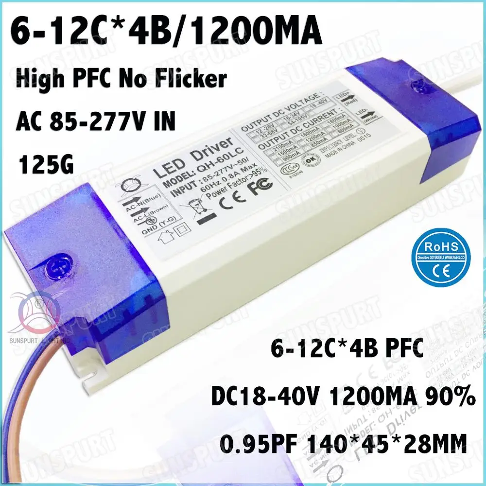 

2 Pcs PF0.9 60W AC85-277V LED Driver 6-12Cx4B 1200mA DC18-40V No Flicker Constant Current LED Power For Spotlights Free Shipping