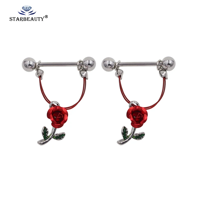 2 PCS/Lot Creative Leather Red Rose Nipple Piercing Mamilo Sexy Nipple Rings Women Bar Rings Body Jewelry Pircing Pezon Hombre