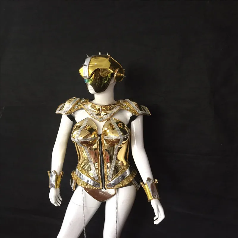 

KS15 Female stage wears bodysuit gold mirror armor outfits dj headpiece party catwalk dress clothe sexy bar show clothe rave ds