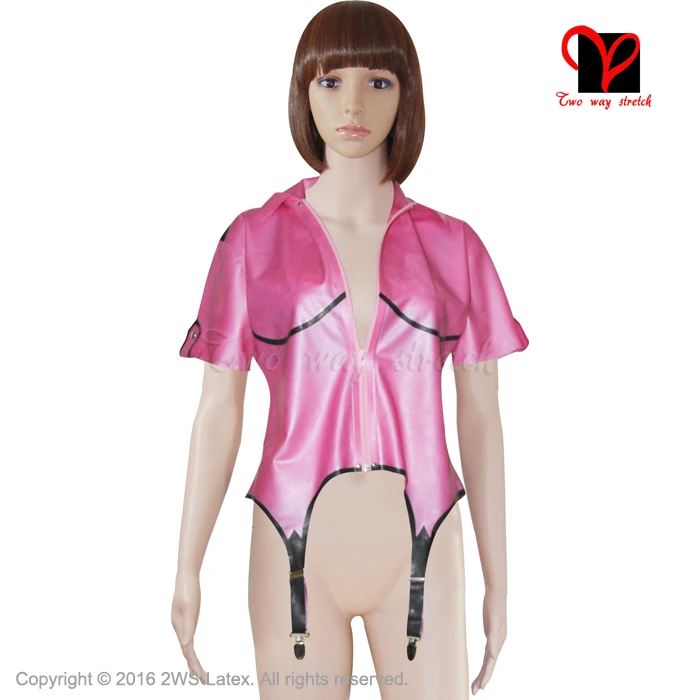 Sexy Metallic Pink Latex garter suspender belts Rubber Gummi coat blouse Body stocking shirt uniform Dress plus size XXXL SY-003