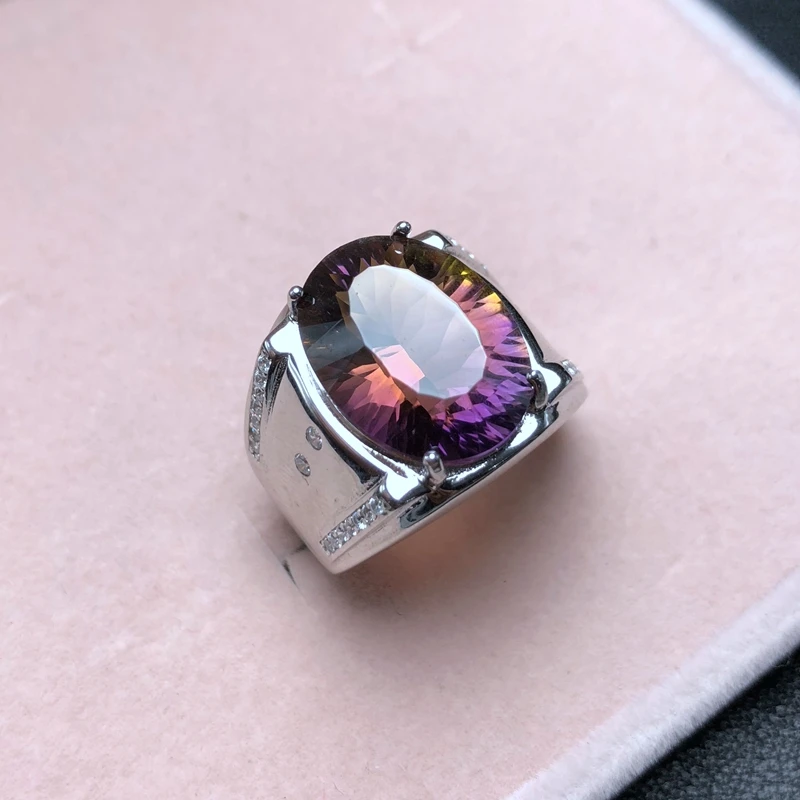 Simple atmospheric style, natural ametrine ring, beautiful color, two-color fire, 925 silver, men's ring,