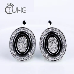 Luxury Silver Color White Stone Oval Earrings For Women Shinning CZ Ceramic U Shape Stud Earrings Jewelry Statement Jewelry Gift