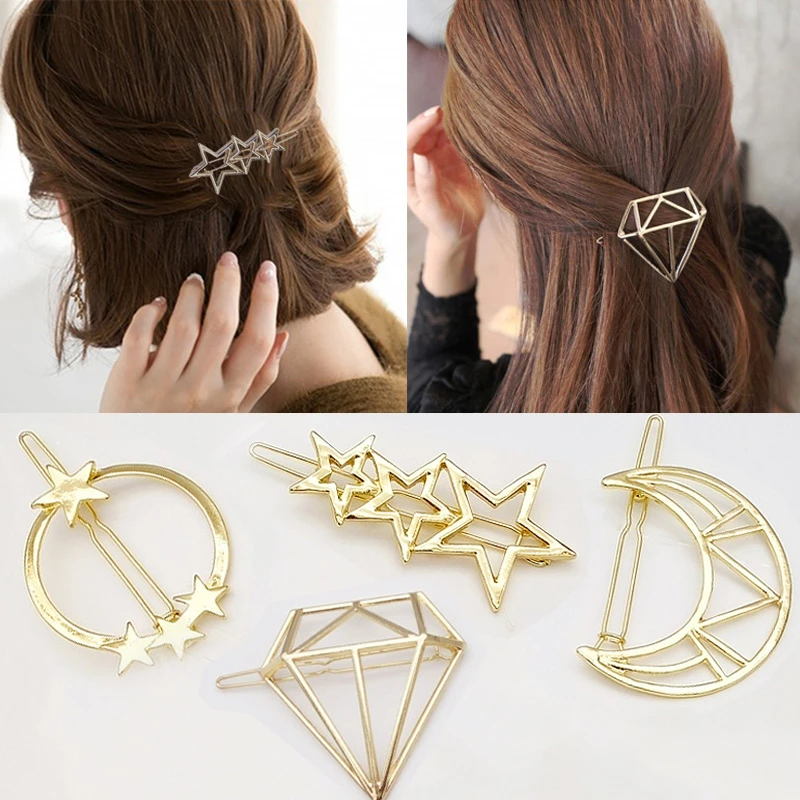 New Metal Women Girls Hair Clips Gold/Silver Plated Hair Accessories Fashion Star Moon Diamond Hairpins Circle Holder Hairgrips