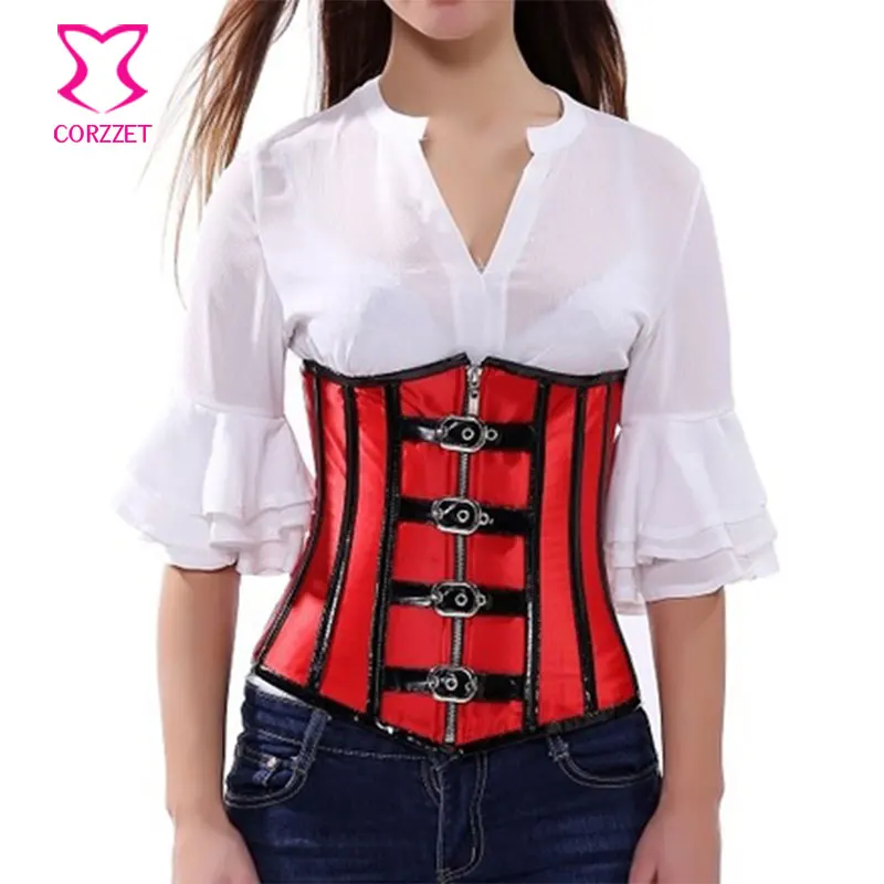 

Corzzet Black/Red Leather Belt Zipper Steampunk Underbust Corsets And Bustiers Top Waist slimming Shaper Body Gothic Corset