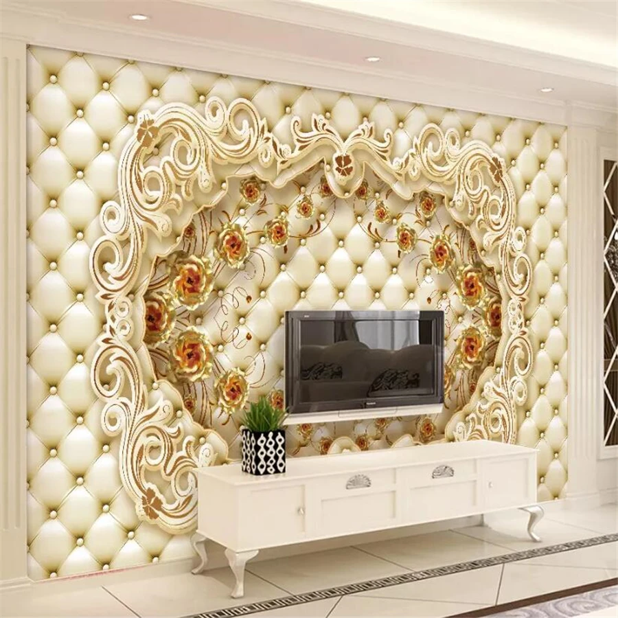 

beibehang Custom wallpaper 3D papel de parede mural Golden roses luxury soft bag sofa background wall living room 3D wallpaper