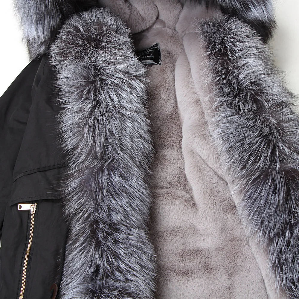 Maomaokong Natürliche Fuchspelzmäntel Echtpelz Winter Lange schwarze Jacke Park Baumwolle dickes warmes Leder Grasparks Kunstpelzfutter