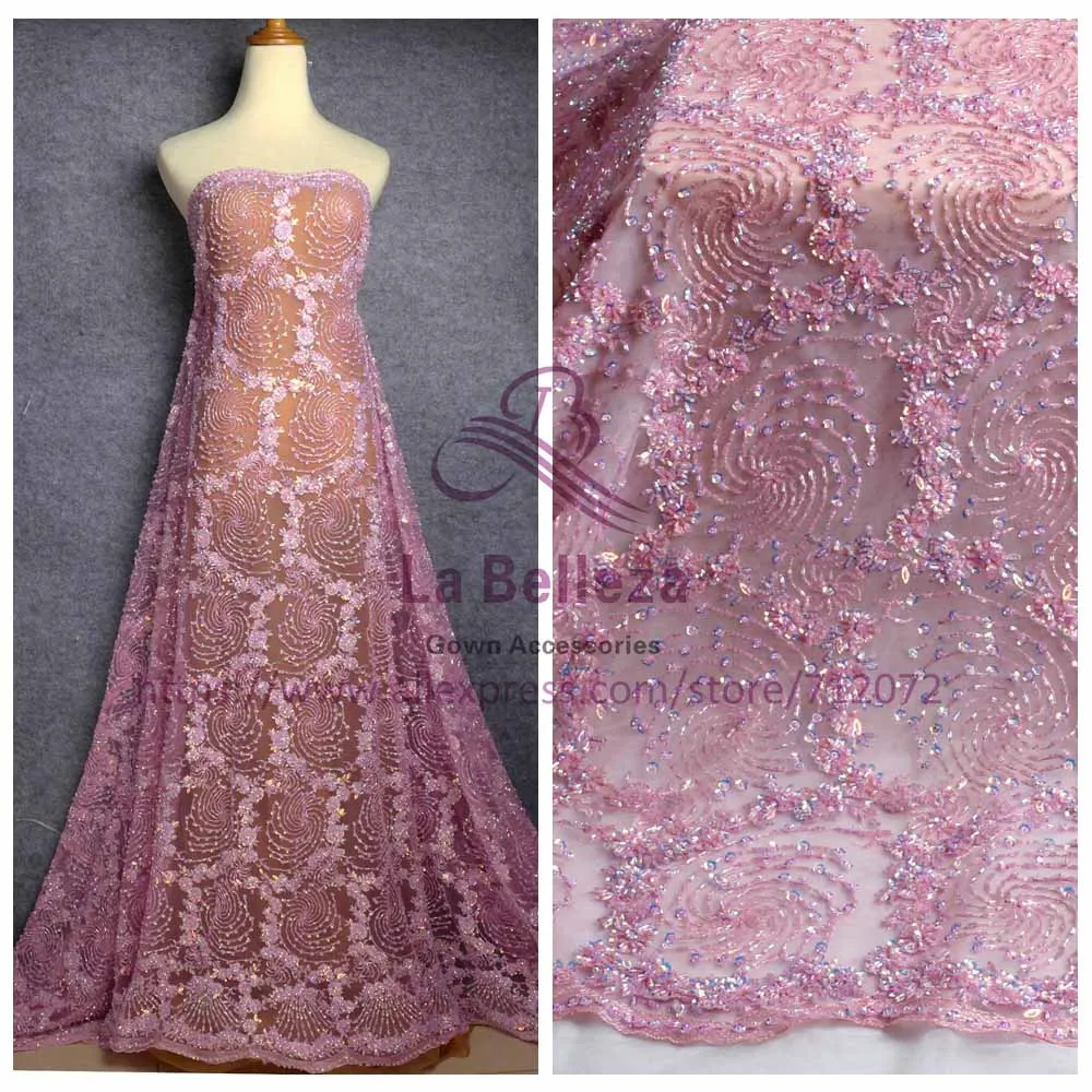 La Belleza New 1 yard super heavy handmde beaded baby pink evening dress lace fabric 47