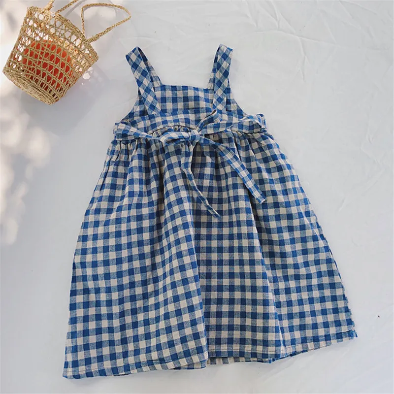 korean style Cotton Linen Baby Girls Princess Dress 2024 Summer New Plaid Sleeveless Clothes Kids Casual Dresses