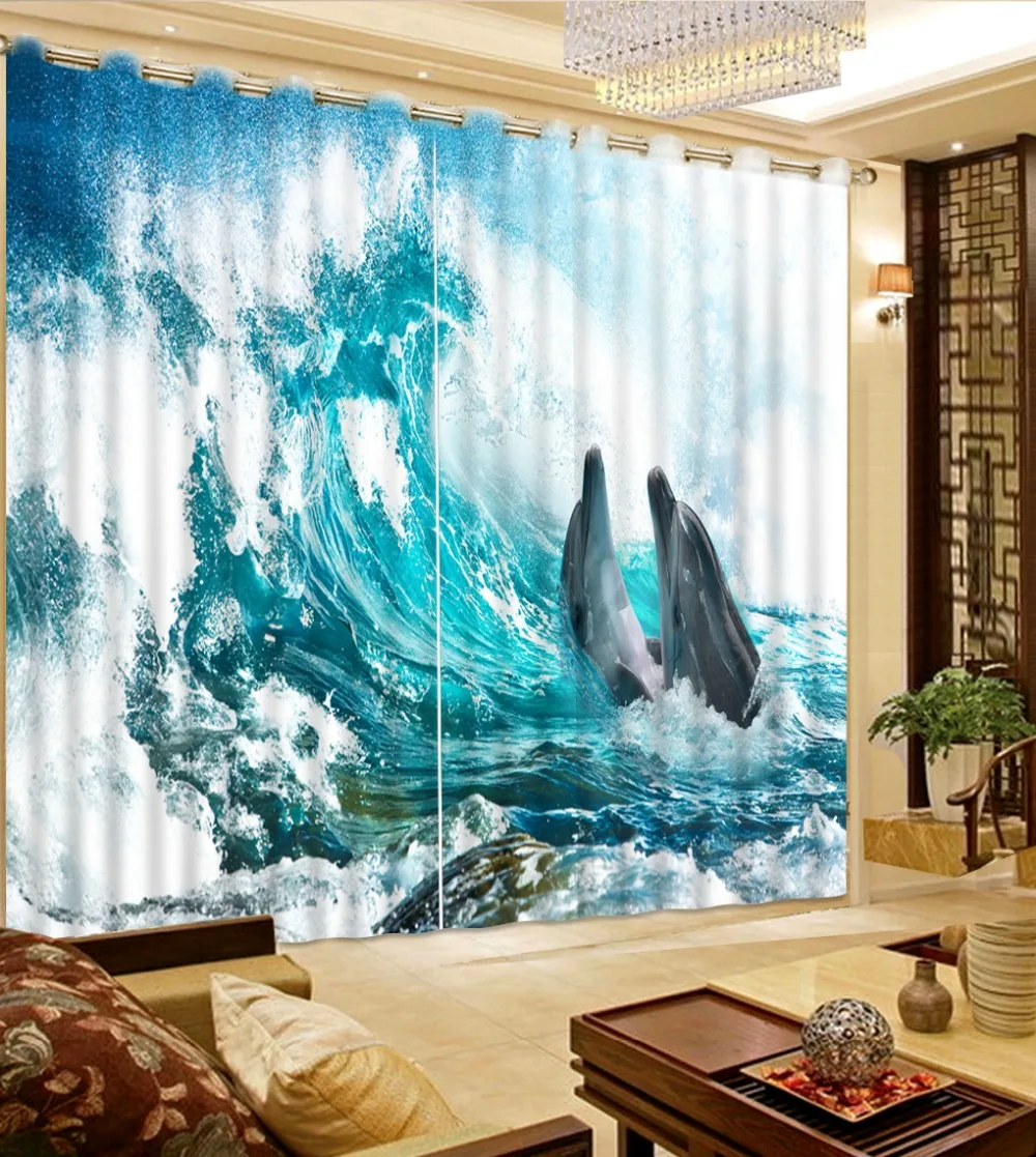 

3d curtains modern curtains for living room Sea waves surging dolphins home decor decoration Custom any size